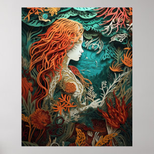 Mermaids with 3D effect paper cut  Poster