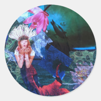 Mermaig Goddess Art Collage With Penguins Classic Round Sticker