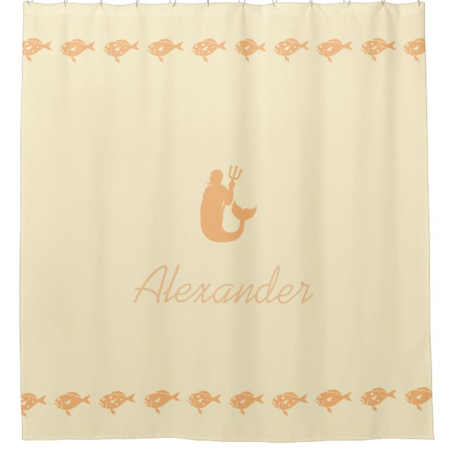 Merman and Fish Peach Maritime Symbols with Name Shower Curtain (Front)