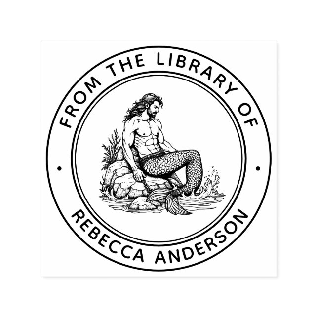 Merman on Rocks Ex Libris Bookplate Library Book Self-inking Stamp (Design)