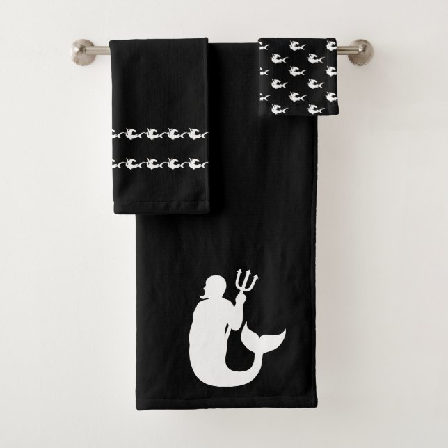 Merman sharks Bathroom Black and white towel set (Insitu)