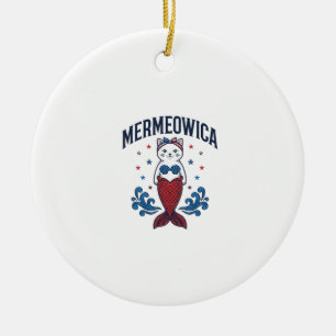 Mermeowica Patriotic Cat Mermaid Shirt Design_1 Ceramic Tree Decoration