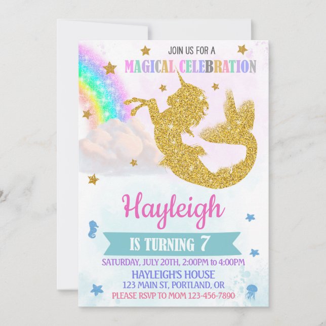 Mermicorn birthday invitation Magical unicorn girl (Front)