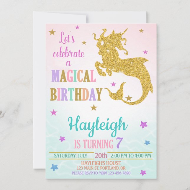 Mermicorn birthday invitation Mericorn invite girl (Front)