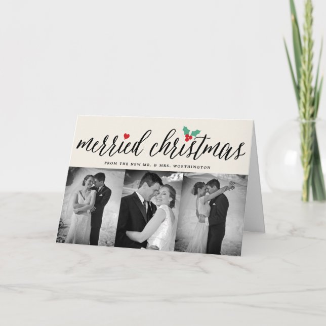 Merried Christmas Holly Mistletoe 3 Photo Wedding Announcement (Front)