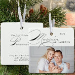 Merrier as Parents Photo Elegant Calligraphy Ceramic Ornament<br><div class="desc">Merrier as Parents Christmas photo ornament which you can personalise with your favourite photo and personalised wording. Elegant typographic design with swirly calligraphy and easy to edit for new or established parents. This holiday ornament is lettered with Merrier as Parents on one side and editable text on the other. The...</div>