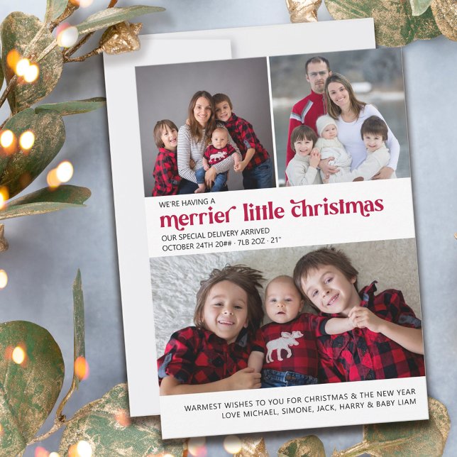 Merrier Little Christmas 3 Photo New Baby Holiday Card (Creator Uploaded)
