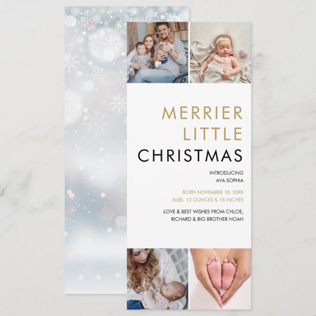 Merrier Little Christmas 4 Photos Birth Holiday Card (Front/Back)