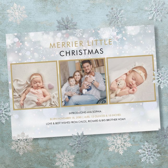 Merrier Little Christmas Snow Photo Birth Holiday Card (Merrier Little Christmas Snow Photo Birth Holiday Card)