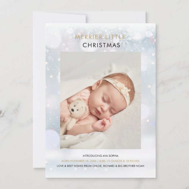 Merrier Little Christmas Snowflakes Photo Birth Holiday Card (Front)