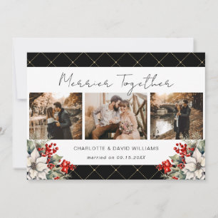 Merrier Together Black Newlywed 3 Photo Botanical Holiday Card