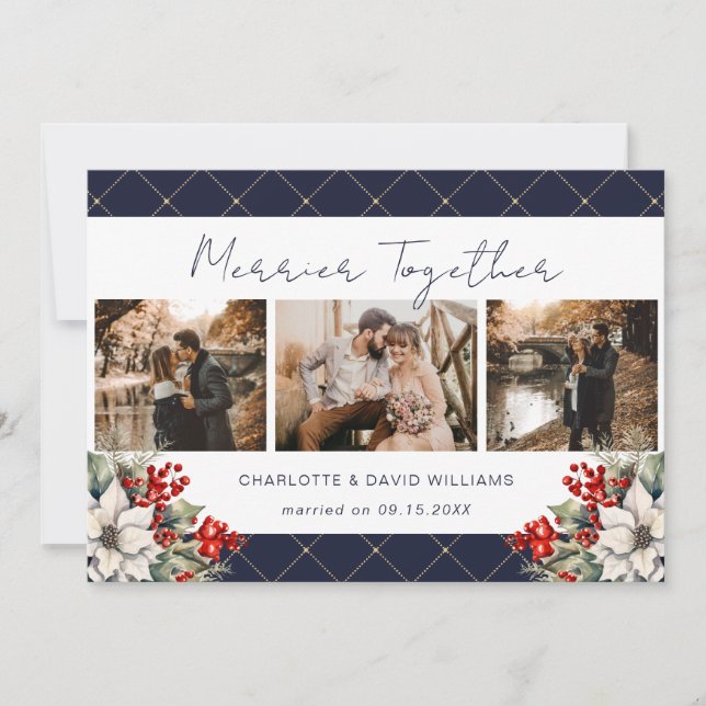 Merrier Together Blue Newlywed 3 Photo Botanical Holiday Card (Front)
