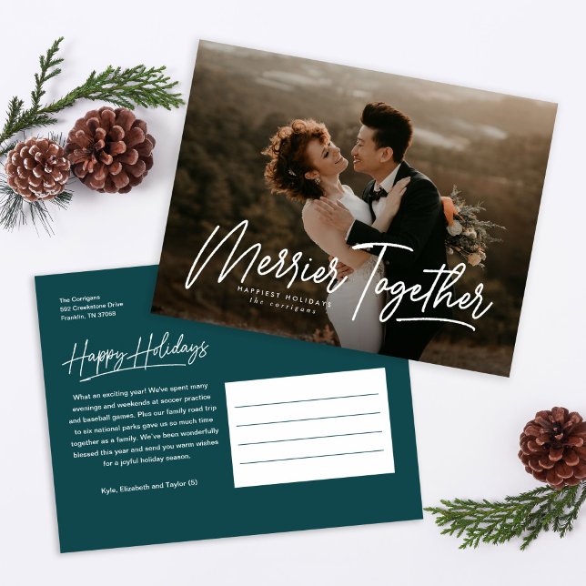 Merrier Together Calligraphy Photo Holiday Postcard (Creator Uploaded)