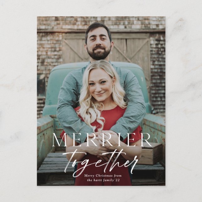 Merrier together full bleed photo Merry Christmas  Holiday Postcard (Front)