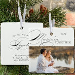 Merrier Together Photo and Elegant Calligraphy Ceramic Ornament<br><div class="desc">Merrier Together Christmas photo ornament which you can personalise with your favourite photo and personalised wording. Elegant typographic design with swirly calligraphy and easy to edit for a family or romantic couple. This holiday ornament is lettered with Merrier Together on one side and editable text on the other. The sample...</div>