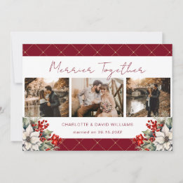 Merrier Together Red Newlywed 3 Photo Botanical Holiday Card