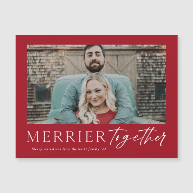 Merrier Together Script Photo Merry Christmas Card (Front)