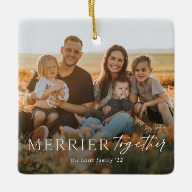 Merrier Together Script Photo Merry Christmas Ceramic Ornament (Front)