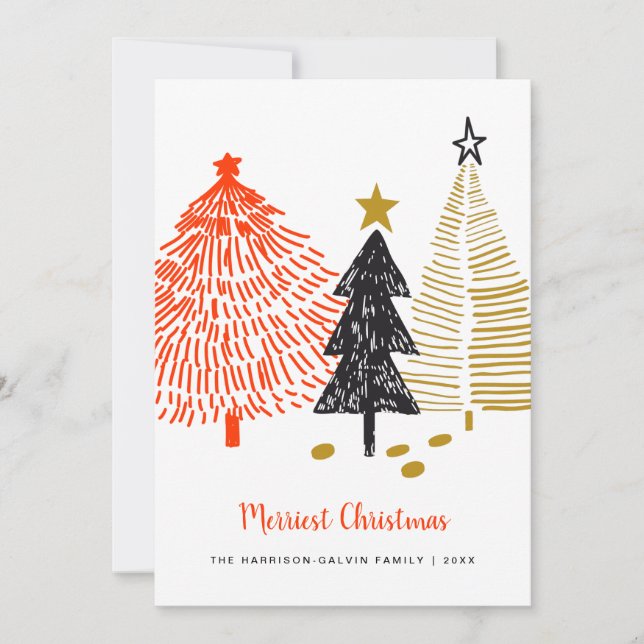 Merriest Christmas Abstract Trees Minimal Modern Holiday Card (Front)