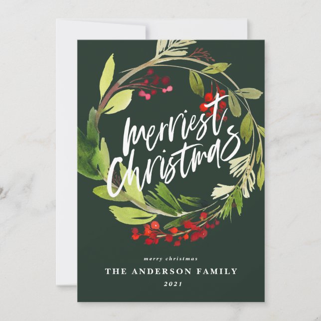 Merriest Christmas botanical wreath winter berry  Holiday Card (Front)