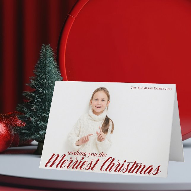 Merriest Christmas Chic Red Script Photo Overlay Holiday Card (Creator Uploaded)