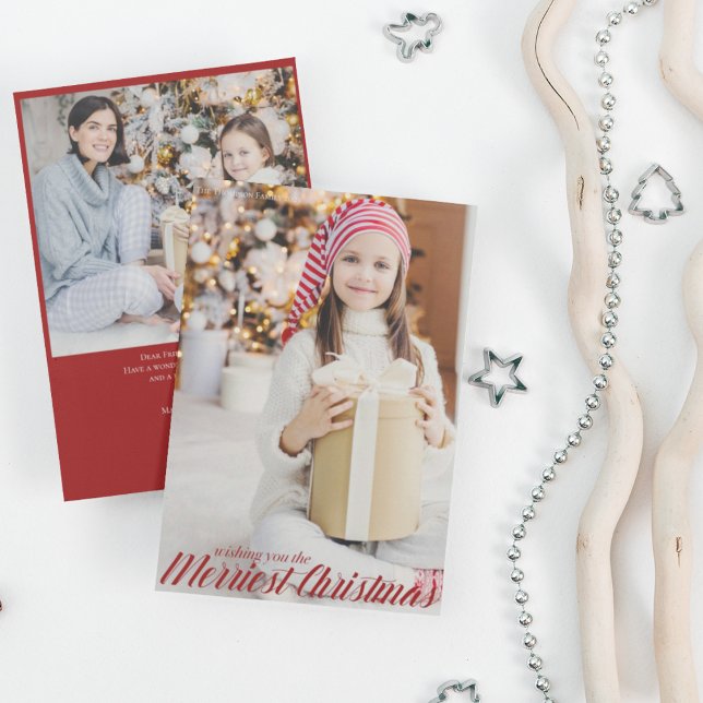 Merriest Christmas Chic Red Script Photo Vertical Holiday Card (Creator Uploaded)