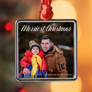 Merriest Christmas Elegant White Script Photo Metal Tree Decoration