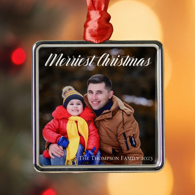Merriest Christmas Elegant White Script Photo Metal Tree Decoration (Creator Uploaded)
