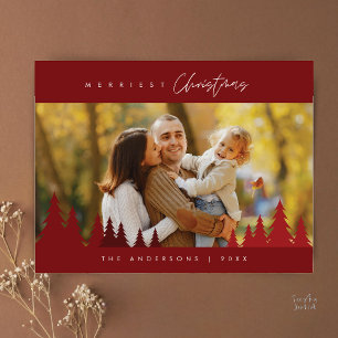 Merriest Christmas Family Photo Outdoor Pine Trees Postcard