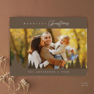 Merriest Christmas Family Photo Outdoor Pine Trees Postcard