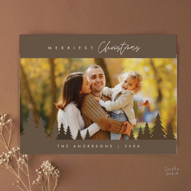 Merriest Christmas Family Photo Outdoor Pine Trees Postcard (Merriest Christmas Family Photo Outdoor Pine Trees Postcard in Brown Terracotta Taupe)