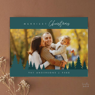 Merriest Christmas Family Photo Outdoor Pine Trees Postcard