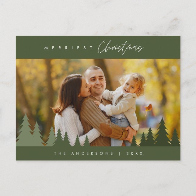 Merriest Christmas Family Photo Outdoor Pine Trees Postcard (Front)