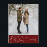 Merriest Christmas Family Photo, Romantic Greeting Postcard<br><div class="desc">Merriest Christmas. Celebrate the season with this family photo cosy cute happy happiness romantic burgundy red postcard. It is fully customisable and personalised with your own greeting messages. Please add your return address for easy mailing. It is simple, easy, yet modern cosy and festive. This is the perfect postcard for...</div>