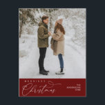 Merriest Christmas Family Photo, Romantic Greeting Postcard<br><div class="desc">Merriest Christmas. Celebrate the season with this family photo cosy cute happy happiness romantic burgundy red postcard. It is fully customisable and personalised with your own greeting messages. Please add your return address for easy mailing. It is simple, easy, yet modern cosy and festive. This is the perfect postcard for...</div>