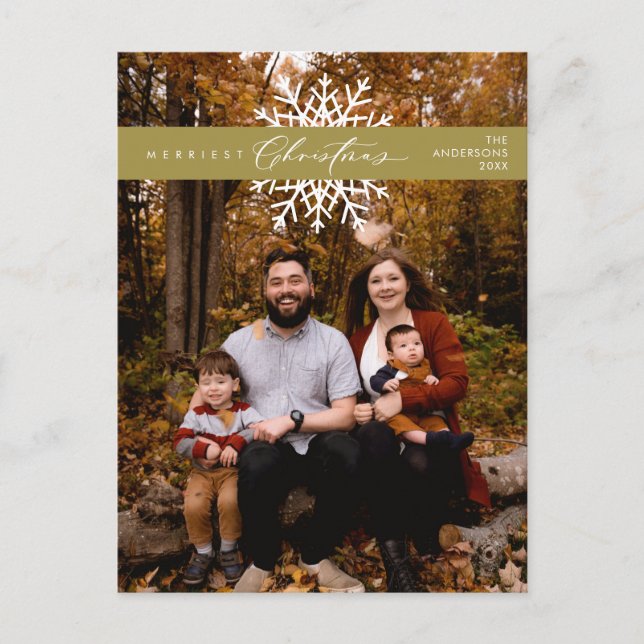 Merriest Christmas Family Photo, Snow Flakes Postcard (Front)