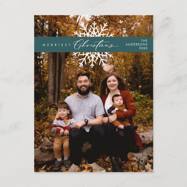 Merriest Christmas Family Photo, Snow Flakes Postcard (Front)
