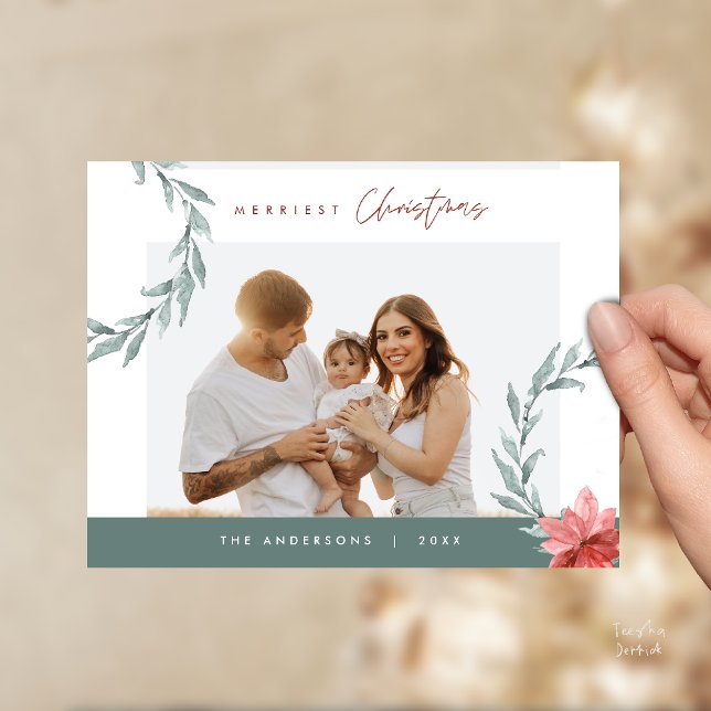 Merriest Christmas Family Photo, Watercolor Wreath Postcard (Merriest Christmas Family Photo, Watercolor Wreath Postcard in Sage Green)