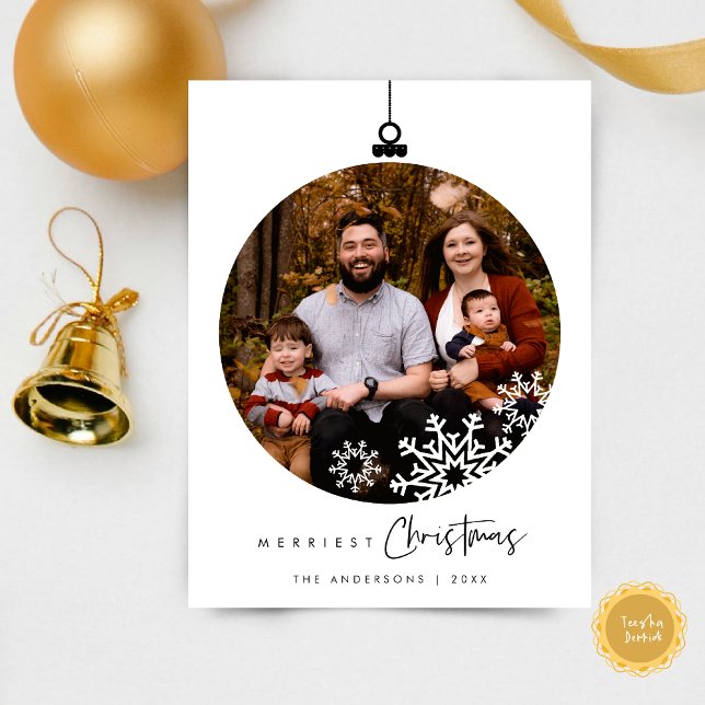 Merriest Christmas Family Photo, Wishes Ball Postcard (Merriest Christmas Family Photo, Season Greeting Wishes Ball Snow Flakes Layover Postcard)