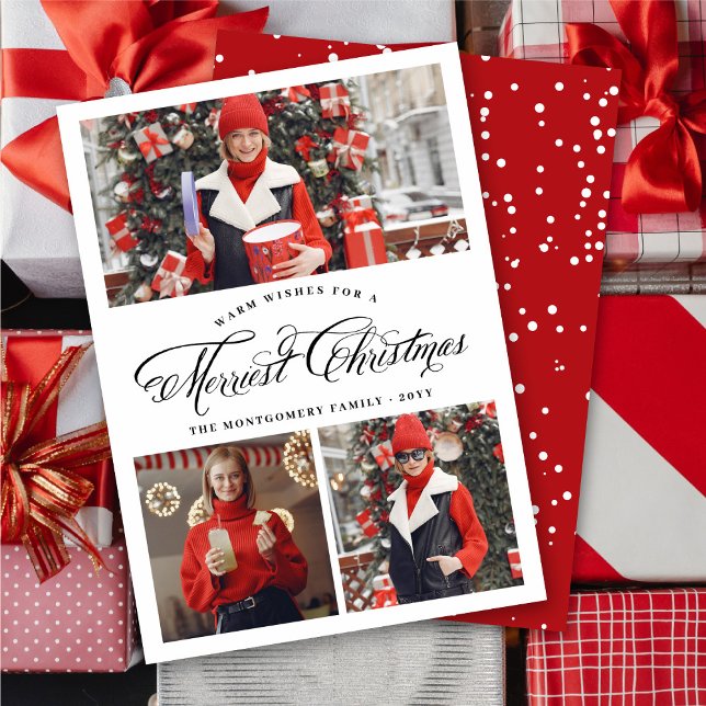 Merriest Christmas Fancy Script Elegant 3 Photo Holiday Card (Creator Uploaded)