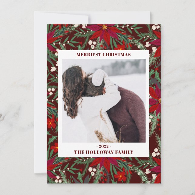 Merriest Christmas floral red green photo Holiday Card (Front)