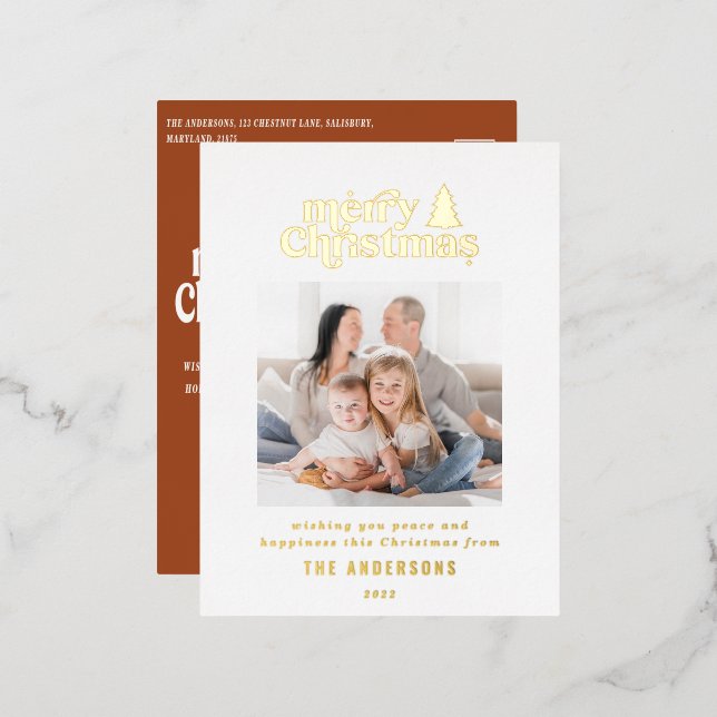 Merriest Christmas graphic typography photo  Foil  Foil Holiday Postcard (Front/Back)