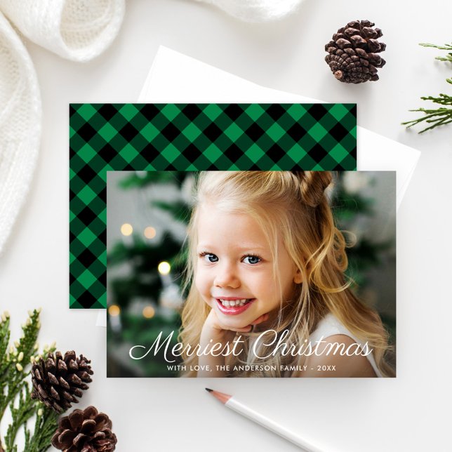 Merriest Christmas Green Buffalo Plaid Photo Holiday Card (Creator Uploaded)
