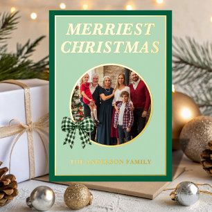 Merriest Christmas Green Gingham Bow Family Photo