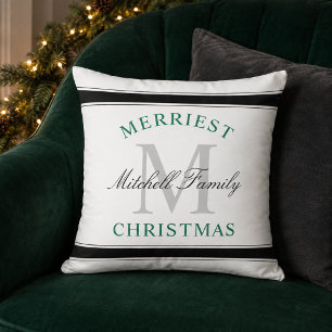 Merriest Christmas Green Holiday Family Monogram Cushion