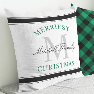 Merriest Christmas Green Holiday Family Monogram Cushion