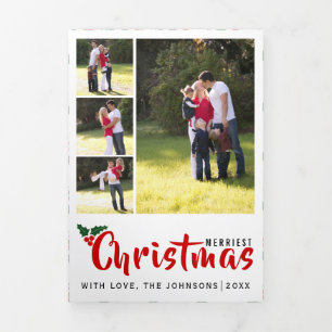 Merriest Christmas holly berry and photo collage Tri-Fold Holiday Card