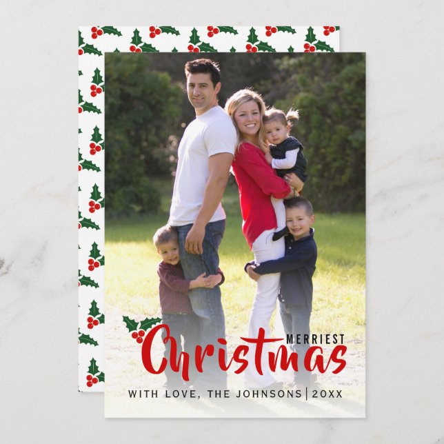 Merriest Christmas holly berry photo card (Front/Back)