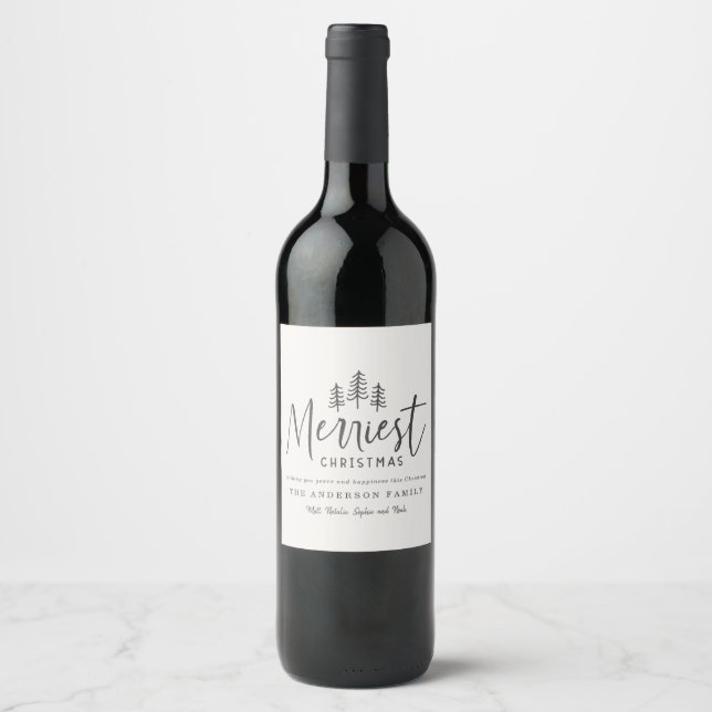 Merriest Christmas minimal forest Christmas Wine Label (Front)