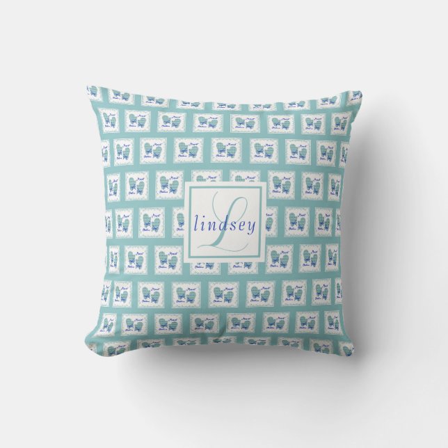 Merriest Christmas Mittens Blue Bow Name Monogram Cushion (Front)